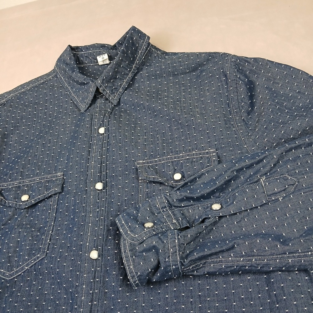 SKU Medium‎ Mens Shirt Denim Snap Button Polka Dot 21x27 USA Long Sleeve